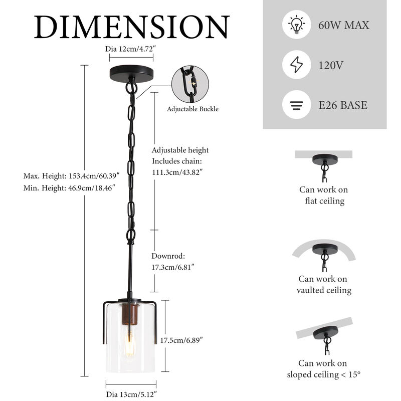 ELEMENT ACE Industrial Pendant Light with Clear Glass Shade Glare-Free Ceiling Light Fixture for Kitchen Island Dining Room Entryway Home Decor image number 2