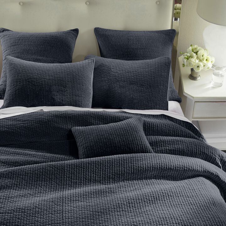 Stonewashed Navy Cotton Velvet King Quilt Set