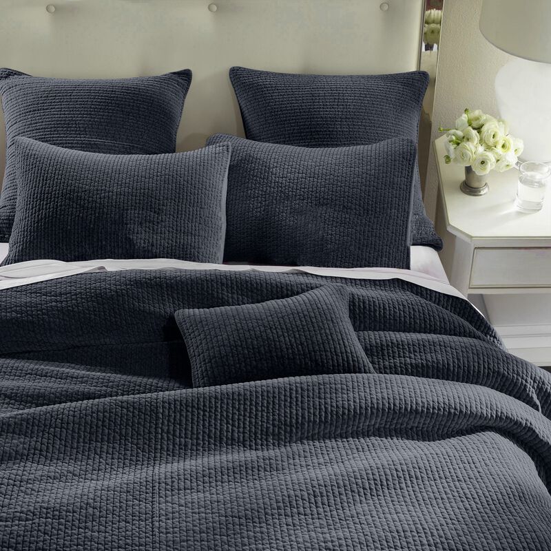 Stonewashed Navy Cotton Velvet King Quilt Set image number 1