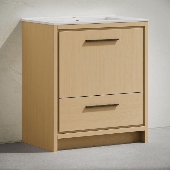 30" Freestanding Bathroom Vanity in Natural Oak with 3-Hole Widespread Sink Top