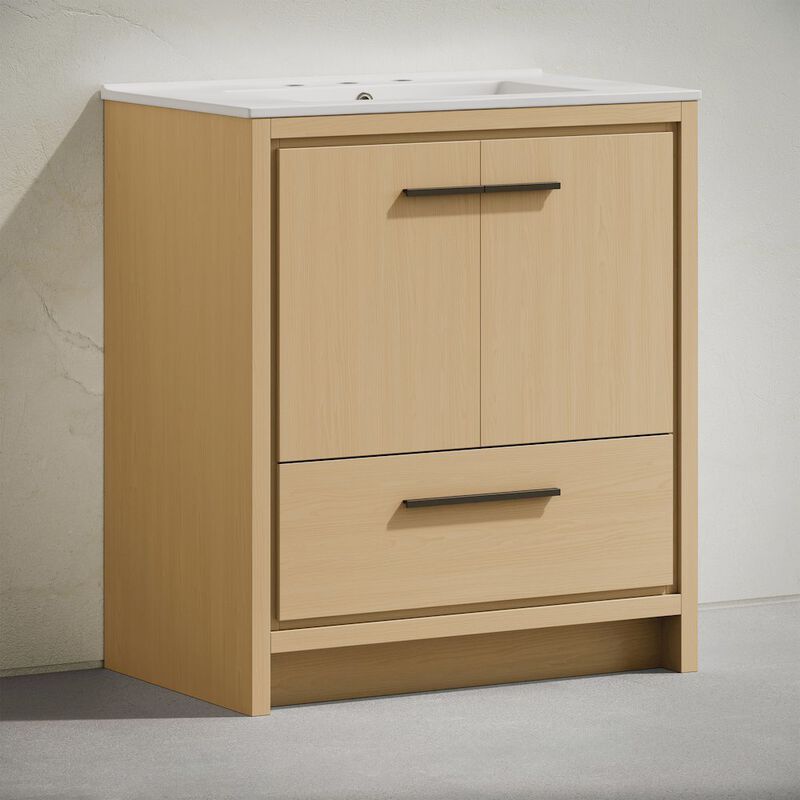 30" Freestanding Bathroom Vanity in Natural Oak with 3-Hole Widespread Sink Top image number 1