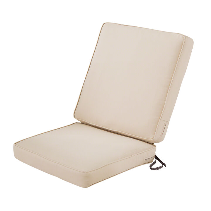 Classic Accessories FadeSafe Chair, Antique Beige, 44" L x 20”W T Montlake Quilted Patio Cushion, 20" W x 20" D x 3" x20"W x 24" H x 3"