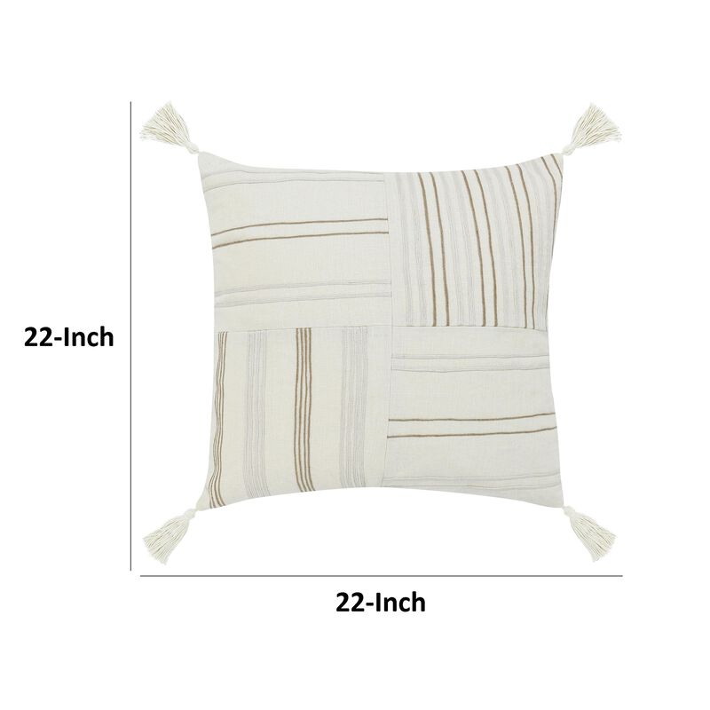 Pini Throw Pillow, Boho Design Stripe Pattern, 22 Inch Beige Linen - Benzara