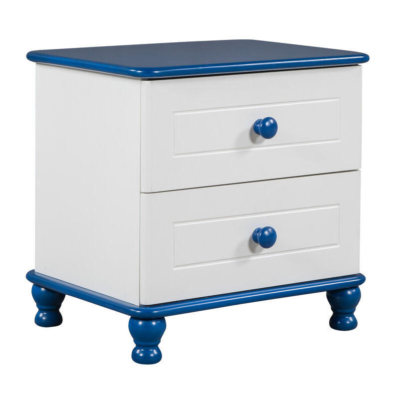 Wooden Nightstand with Two Drawers for Kids, End Table for Bedroom, White+Blue image number 2