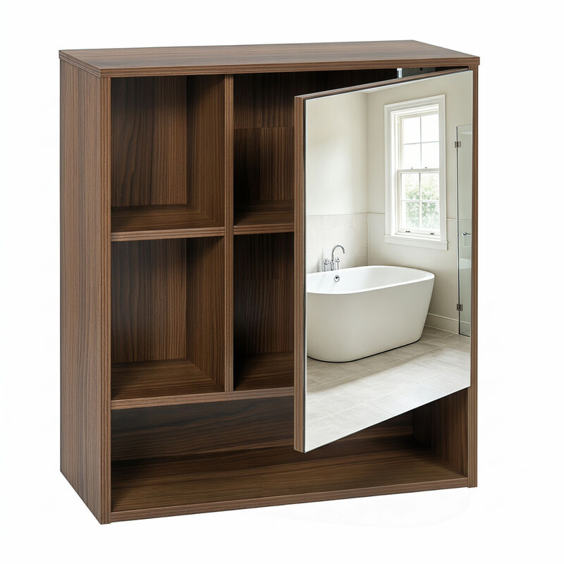 Bathroom Wall Mirror Cabinet with 2 Hidden Shelves and 3 Open Cubbies image number 6