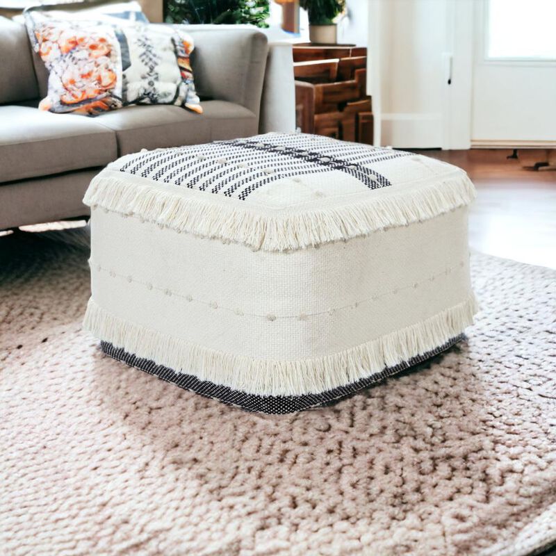 Hivvago 18 Inch White Cotton Striped Pouf Ottoman