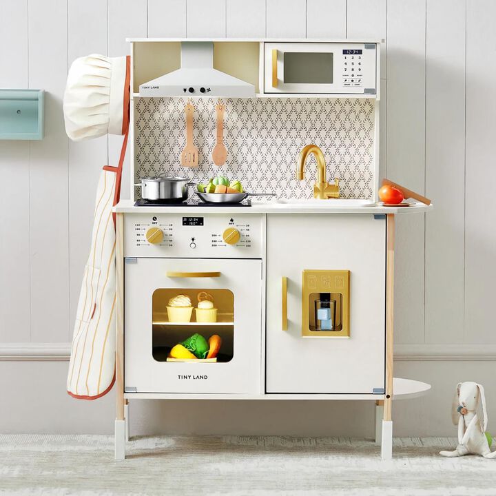 PopJoy Play Kitchen for Kids - Wooden Pretend Play Set with Lights & Sounds & Adjustable Height, Wooden Chef Pretend Play Set