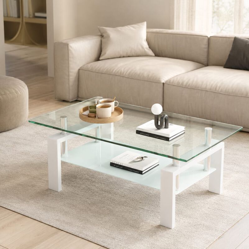 GOODSILO Modern 2-Layer Glass Coffee Table with Sleek Waterfall Edges, Space-Saving Accent Furniture for Living Room, Office & Reception Areas image number 3