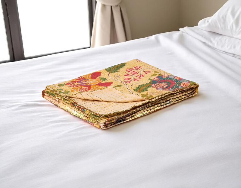 HomeRoots 50" X 70" Yellow And Pink Floral Cotton Quilted Kantha Throw Blanket with Embroidery image number 1