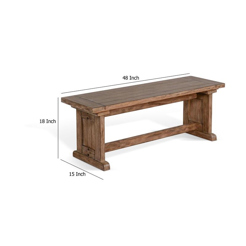 Yael Side Dining Bench, Plank Seat, Light Brown Mahogany Wood 48 Inch