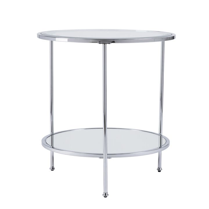 Homezia 26" Chrome Glass And Iron Round Mirrored End Table With Shelf