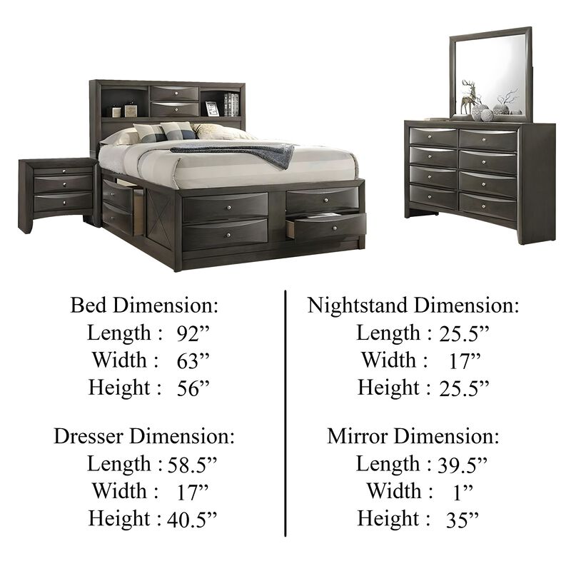 Simo 4pc Queen Bedroom Set w Bookcase Headboard w Drawers, Gray image number 4