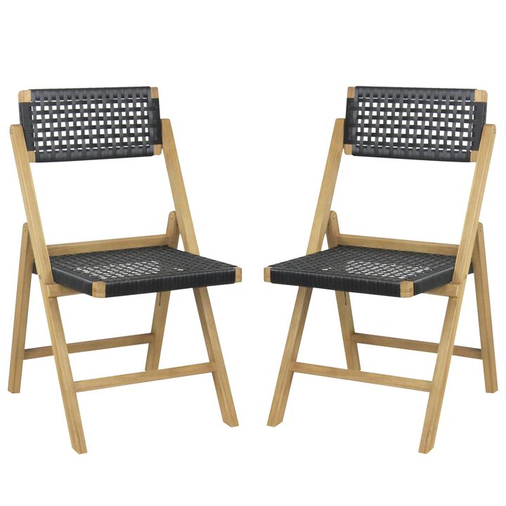 Set of 2 Folding Teak Wood Dining Chairs with Woven Rope Seat and Back