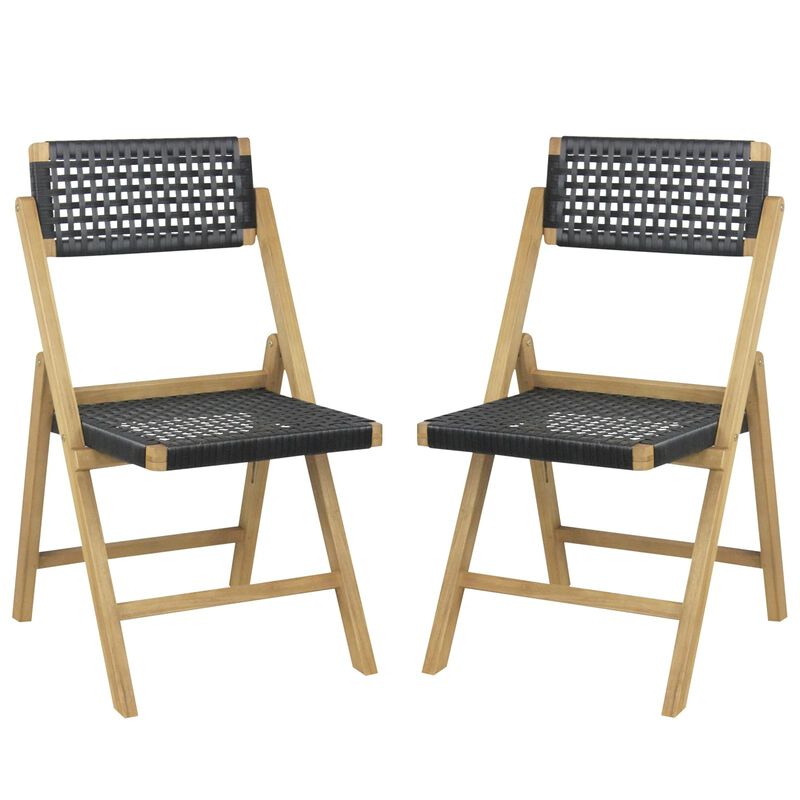 Set of 2 Folding Teak Wood Dining Chairs with Woven Rope Seat and Back image number 0