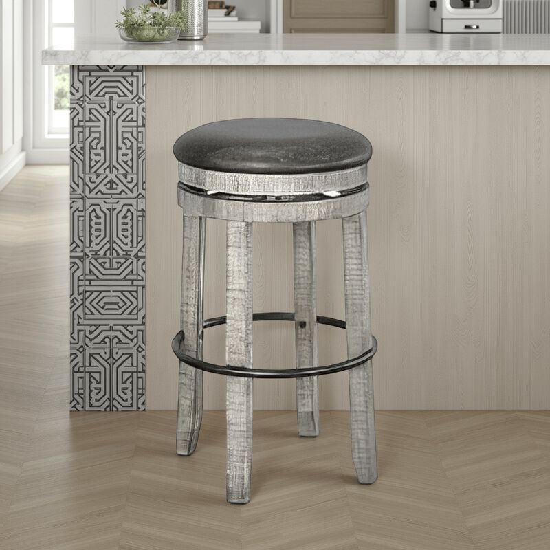 Zeka Swivel Barstool Set of 2, Gray Faux Leather and Mahogany Wood - Benzara