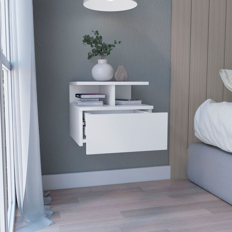 DEPOT E-SHOP Seward Floating Nightstand, Wall Mounted with Single Drawer and 2-Tier Shelf