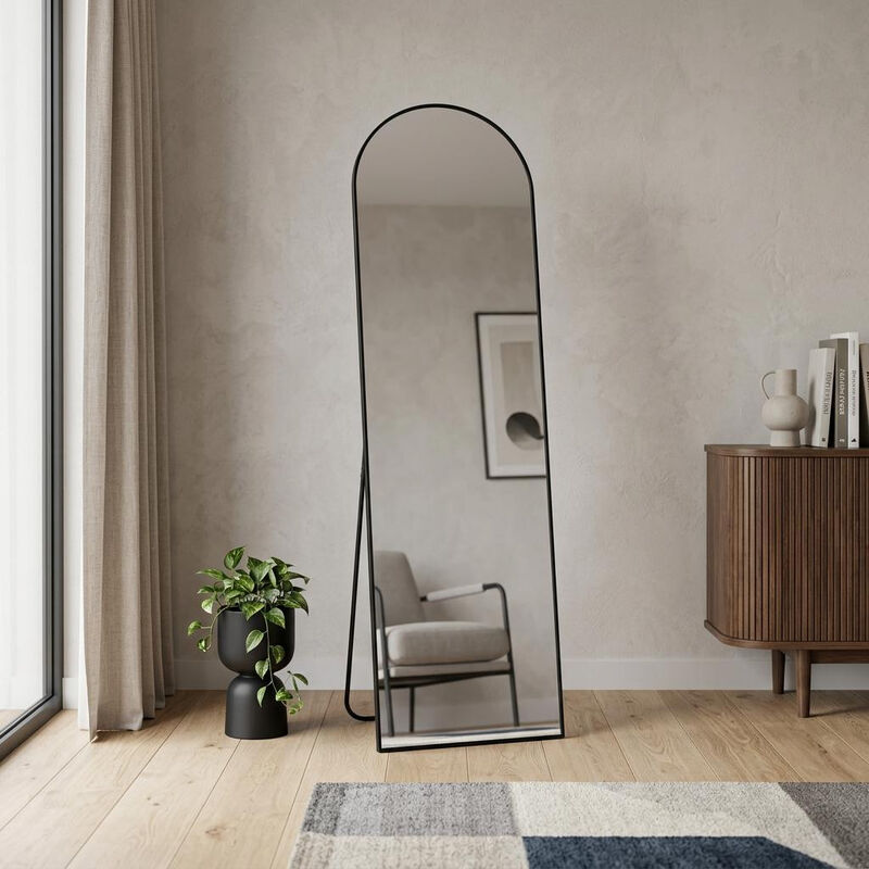 HomeRoots 57" Black Aluminum Arch Freestanding And Wall Mounted Framed Full Length Mirror image number 1