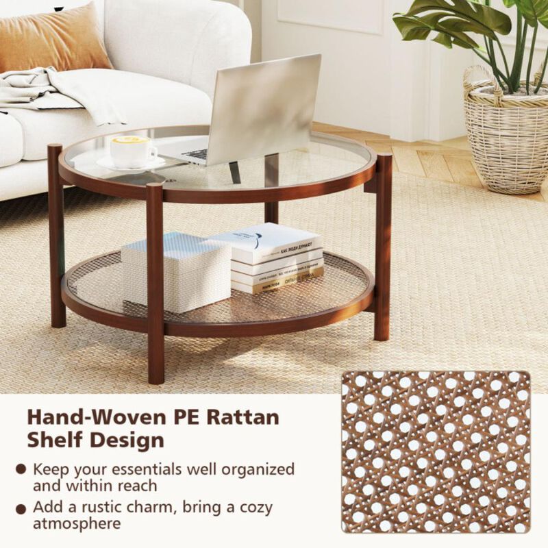 Hivvago 2-Tier Round Coffee Table with Tempered Glass Top for Living Room