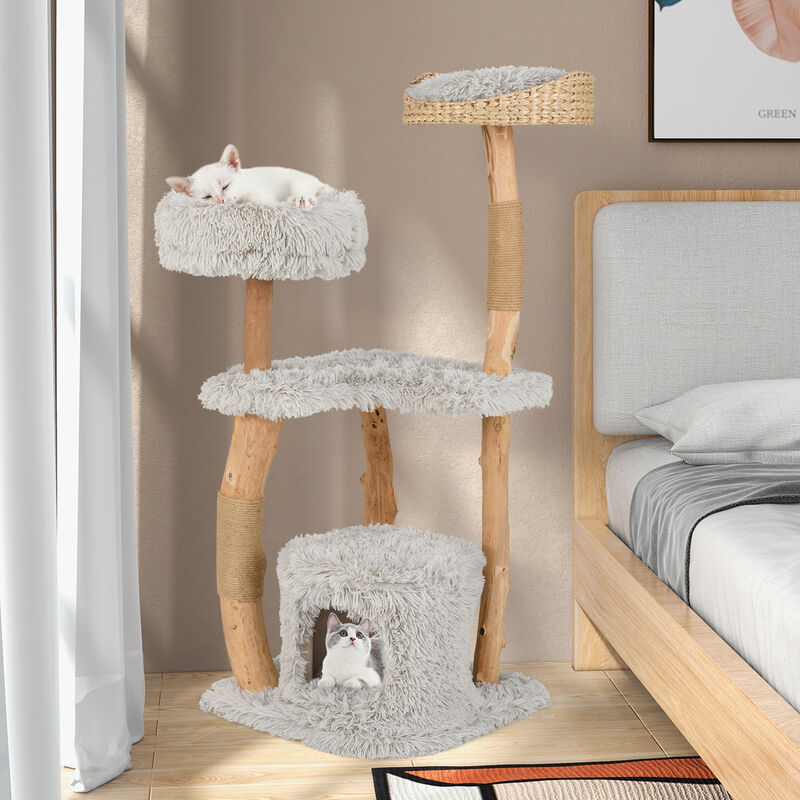 Solid Wood Cat Tree Tower – Elevated Cattail Basket Bed & Multi-Tier Activity Center