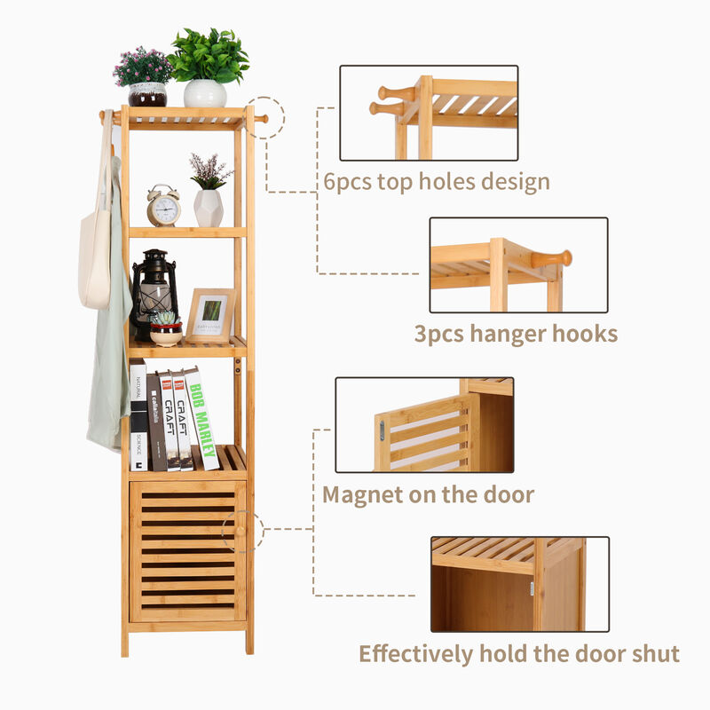 Bamboo Bathroom Storage Cabinet Tall Slim Cabinet w/ Shutter Door 4 Tier Shelves image number 5