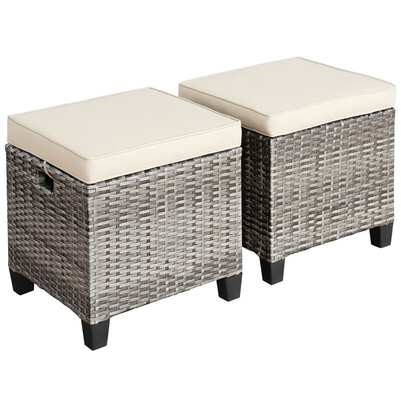 2PCS Patio Rattan Wicker Ottoman Seat with Removable Cushions