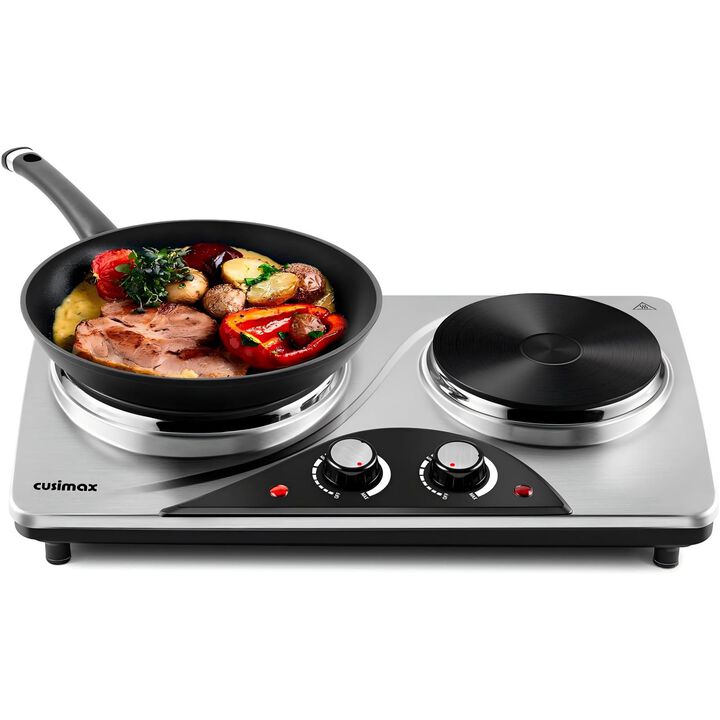Cusimax 1800W Electric Double Hot Plate, Countertop Cast Iron Burner, Temperature Controls, Power Indicator Lights