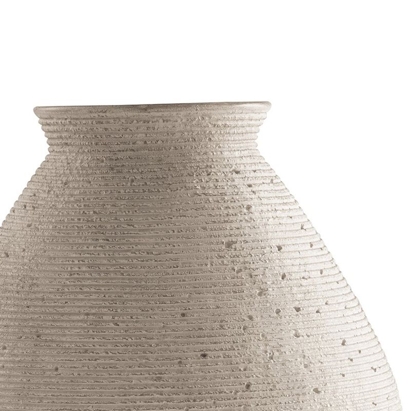 Dale 17 Inch Round Polyresin Vase, Tightly Ribbed Texture, Antique Beige - Benzara