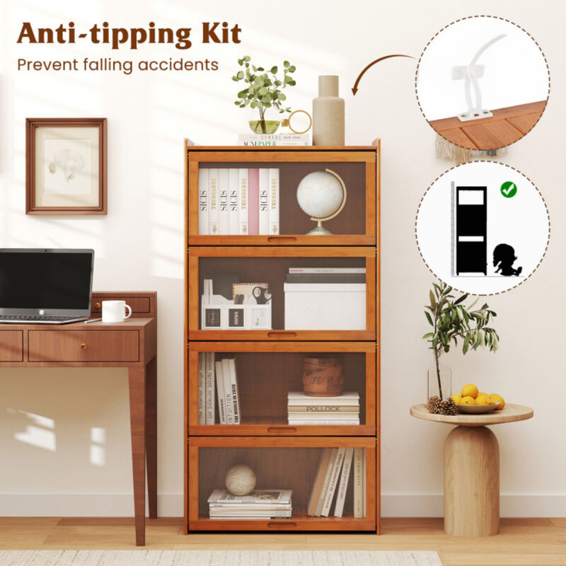 4-Tier Wicker Bookcase with Doors for Study Room Living Room