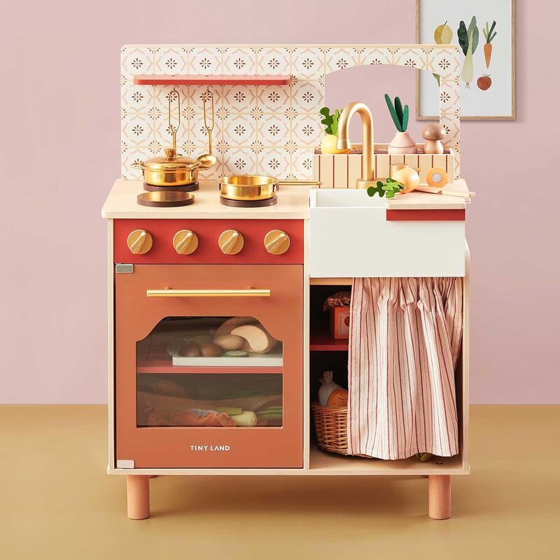 Mediterranean Play Kitchen for Toddlers - Wooden Kids Kitchen Playset with Cutting Food & Cookware, Oven, Stove, Sink, Built-In Storage image number 1