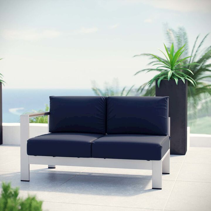 Silver Navy Shore Left-Arm Loveseat Outdoor Patio Aluminum Loveseat - Benzara