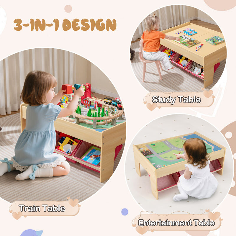 Wooden Kids Train Set Activity Table with 2 Reversible Table Tops-Natural image number 3