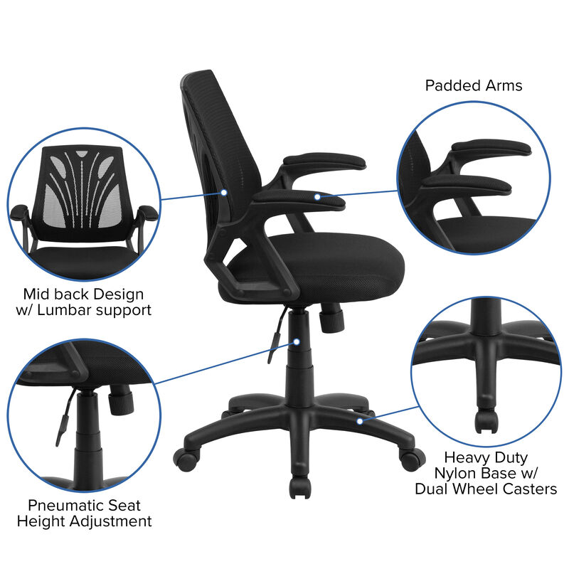 Sam Mid-Back Designer Black Mesh Swivel Task Office Chair with Open Arms image number 2