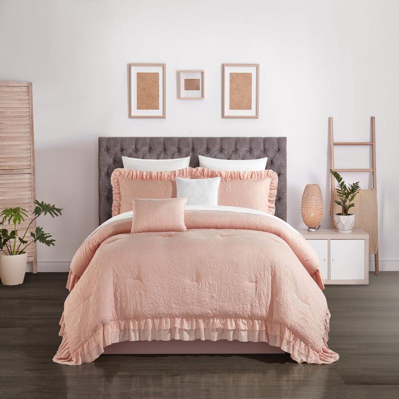 Chic Home Kensley Comforter Set Washed Crinkle Ruffled Flange Border Design Bedding Blush, Twin image number 1