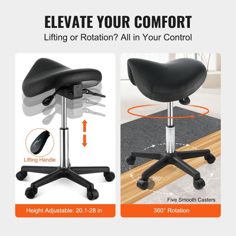 Ergonomic Saddle Stool with Wheels, Swivel PU Leather Seat for Spa, Clinic & Tattoo Studio-Black image number 4