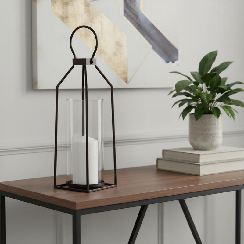 HomeRoots 19" Black Distressed Geometric Metal And Glass Tabletop Lantern Candle Holder