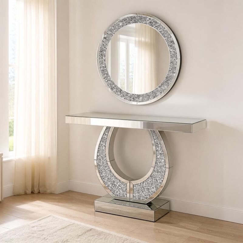 GOODSILO 45 Inch O-Shaped Mirrored Console Table with Crushed Diamond Inlay, Modern Silver Entryway Table for Hallway Living Room image number 2