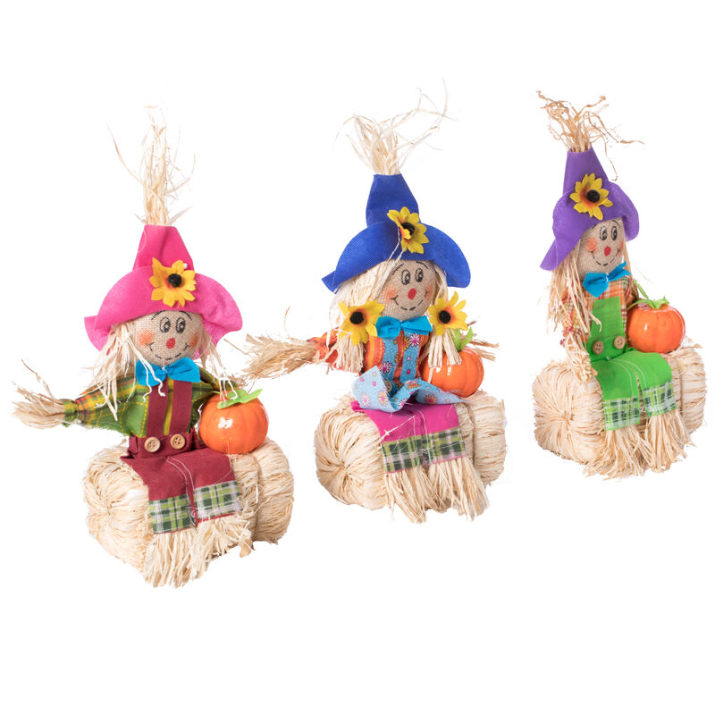 Gardenised 12 Inch Sitting on Straw and Hay Bales Multicolor Trio Scarecrows for Halloween, Fall and All Time Season Garden Decor, Scatter them Around or Gather them Together for a Mesmerizing Display