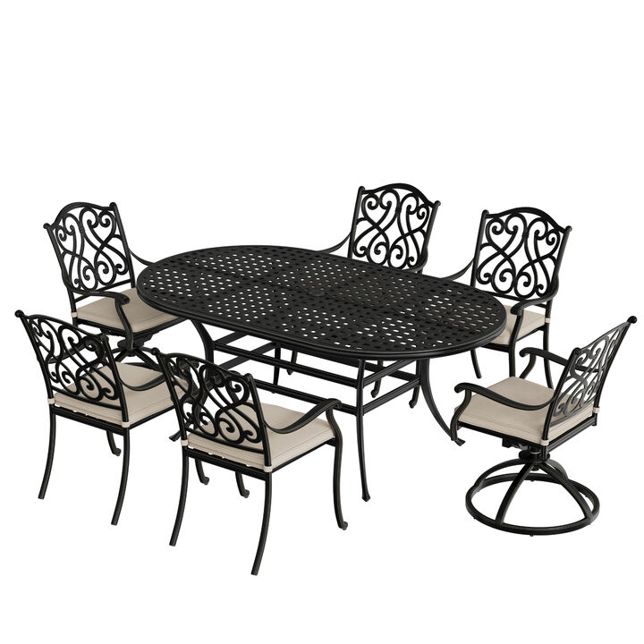 Mondawe 7-Piece Outdoor Dining Set Cast Aluminum with 1 Elliptical Table 4 Dining Chairs 2 Swivel Rockers with Cushions (Seat 6)