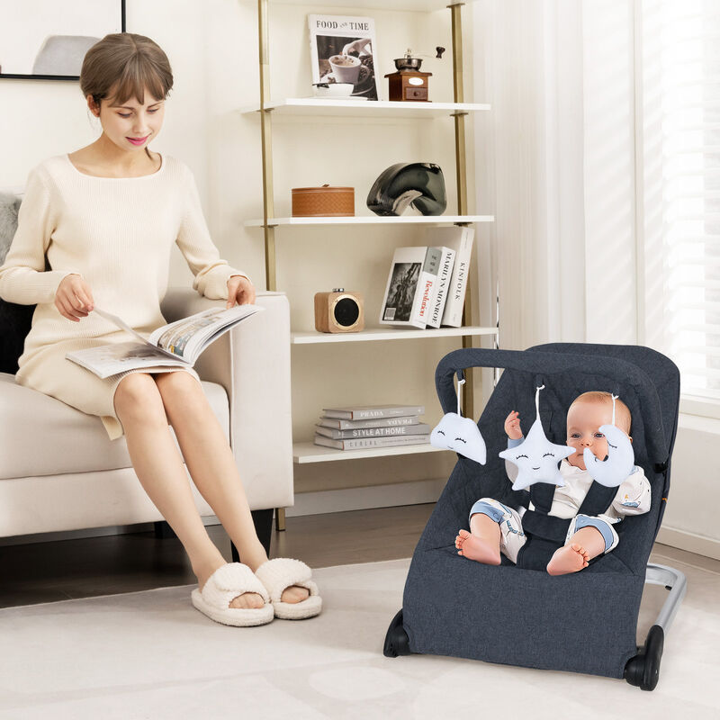 Foldable Baby Bouncer with Removable Fabric Cover and Toy Bar for Comfort and Entertainment