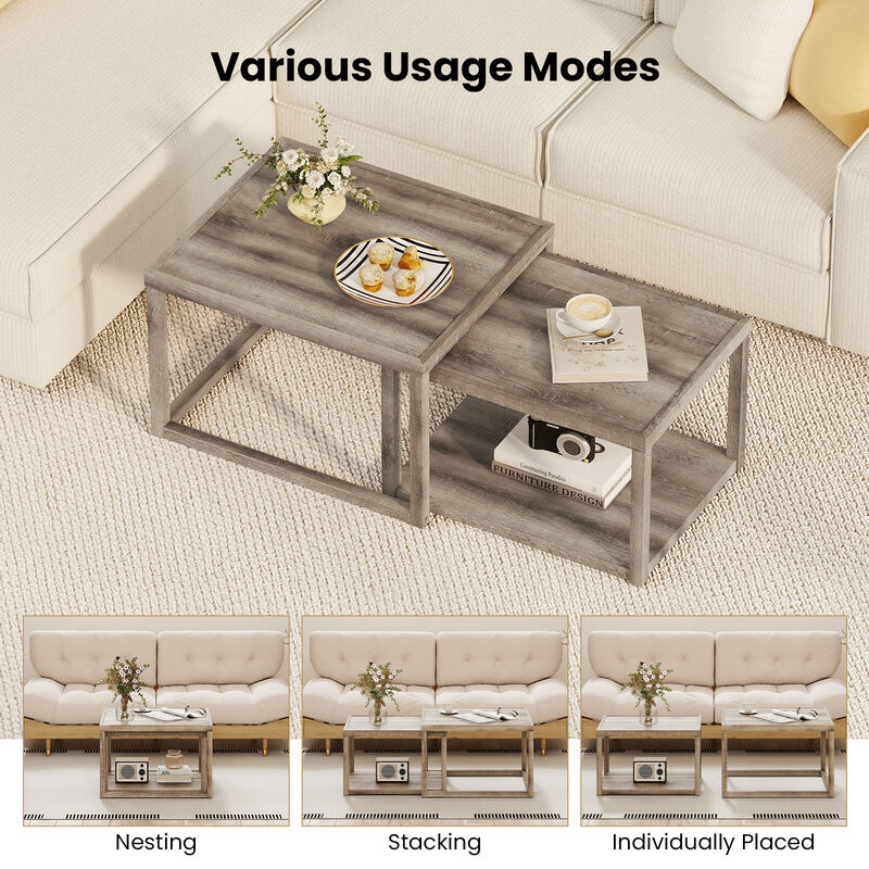 Stackable Nesting Coffee Table Set of 2, Rectangular End Tables for Home-Grey image number 5