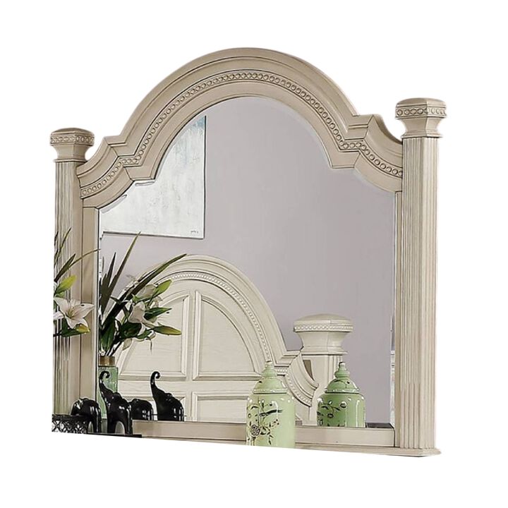 Pamy Dresser Mirror, Reeded Posts, 49 Inch Antique White Bell Frame