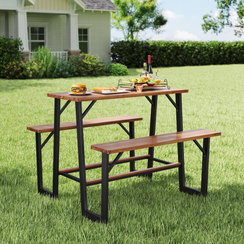 Hivvago Patio Picnic Table Bench Set with Acacia Wood Tabletop and Benchtop