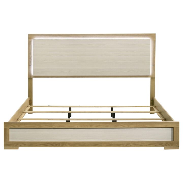 Hyle King Size Bed, Natural Brown Hardwood, LED Backlit Headboard - Benzara