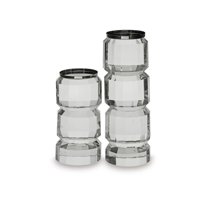 Meru Candle Holder Set of 2, Crystal and Silver Glass Stacked Pillar