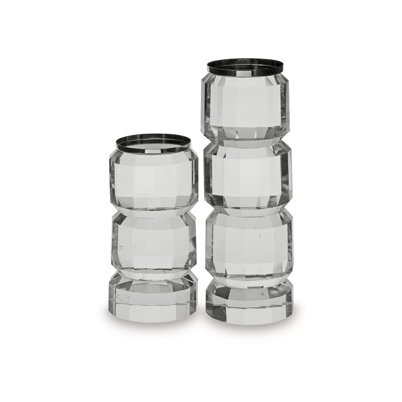 Meru Candle Holder Set of 2, Crystal and Silver Glass Stacked Pillar image number 0