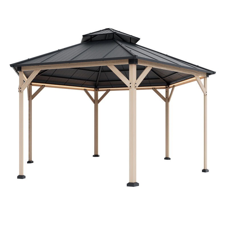 Mondawe 15Ft Hexagon Hardtop Gazebo with Solar LED Light and Metal Roof, Gray image number 9