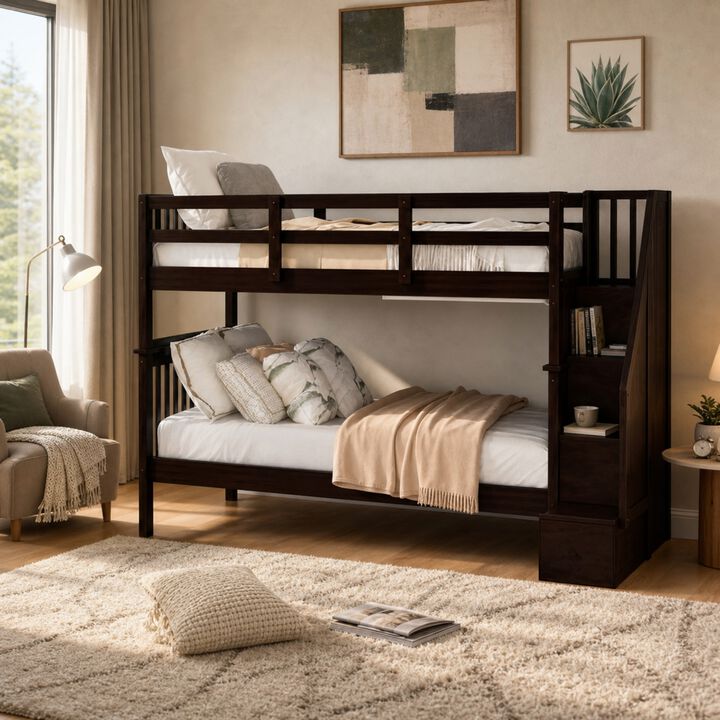 Whisen Stairway Full-Over-Full Bunk Bed with Storage, Solid Wood for Bedroom Dorm