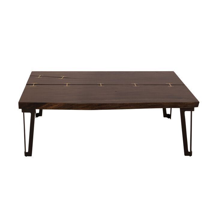 Ally Cocktail Coffee Table, Gold Metal, Walnut Brown Parota 47 Inch