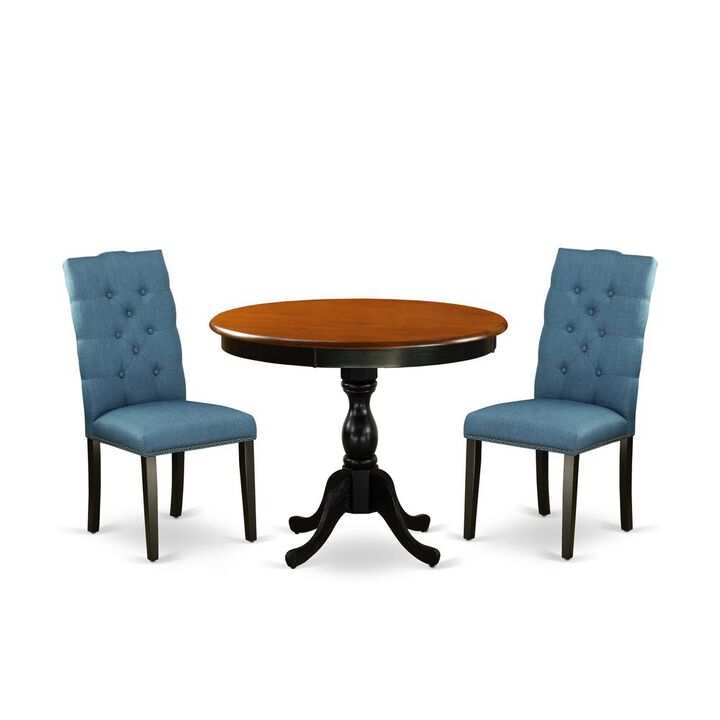 East West Furniture 3-Pc Dining Table Set Includes a Wooden Dining Table and 2 Blue Linen Fabric Parson Chairs with Button Tufted Back - Black Finish