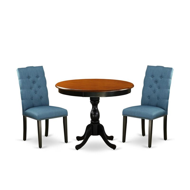 East West Furniture 3-Pc Dining Table Set Includes a Wooden Dining Table and 2 Blue Linen Fabric Parson Chairs with Button Tufted Back - Black Finish